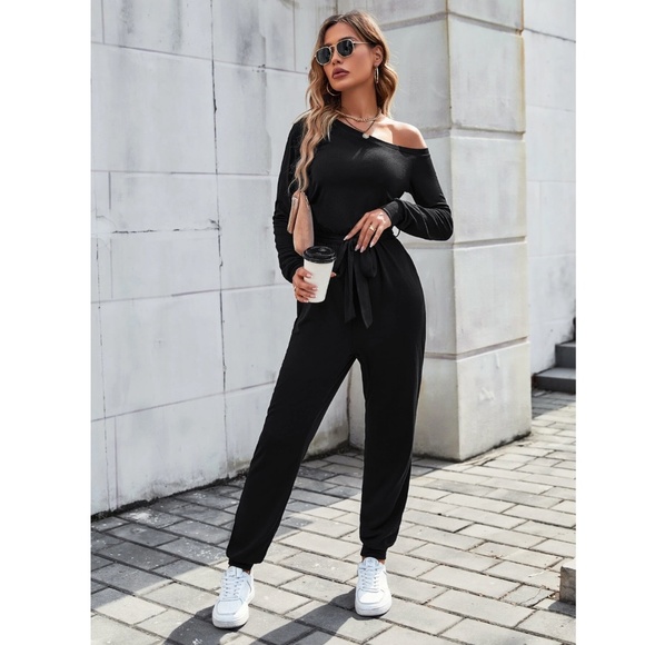 Asymmetrical Boat Neck Long Sleeve Tie Belt Waist Long Black Jumpsuit - Picture 2 of 8